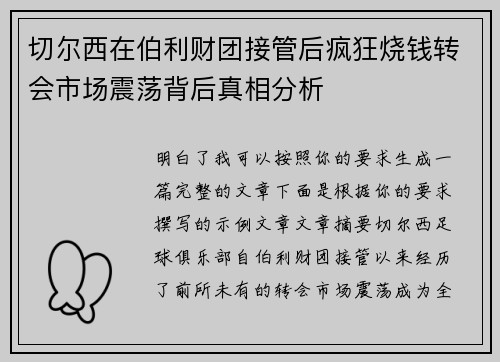 切尔西在伯利财团接管后疯狂烧钱转会市场震荡背后真相分析